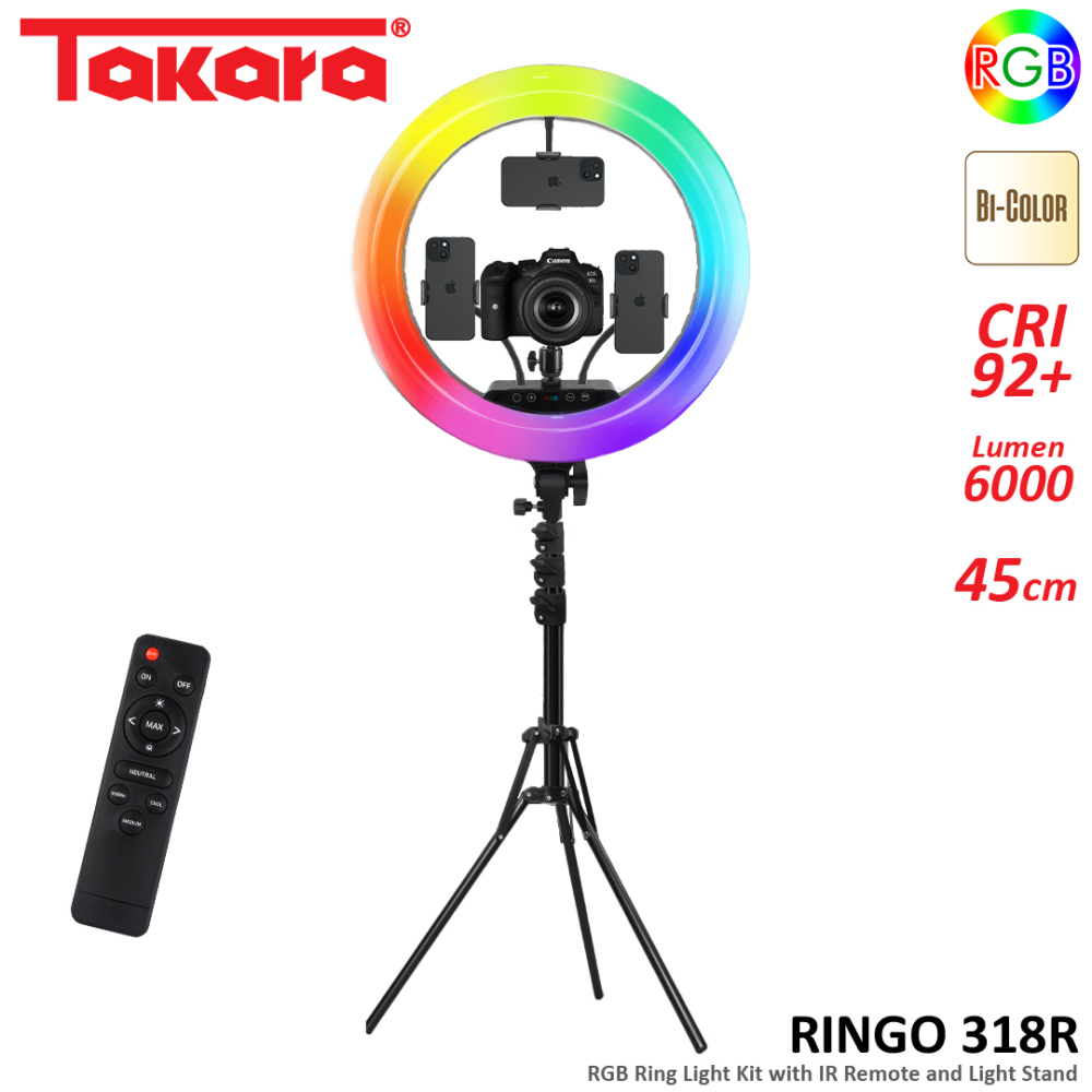 TAKARA RINGO 318R RGB Bi-Color Ring Light Video LED Kit with Tripod, Ballhead and Phone Holders