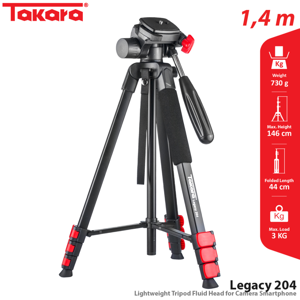 Takara Legacy 204 Lightweight Tripod with 3 Way Fluid Head for Camera Smartphone