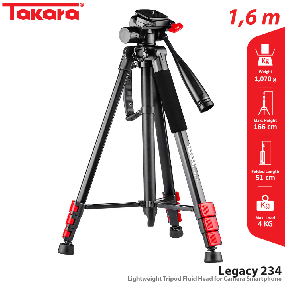 Takara Legacy 234 Lightweight Tripod with 3 Way Fluid Head for Camera Smartphone
