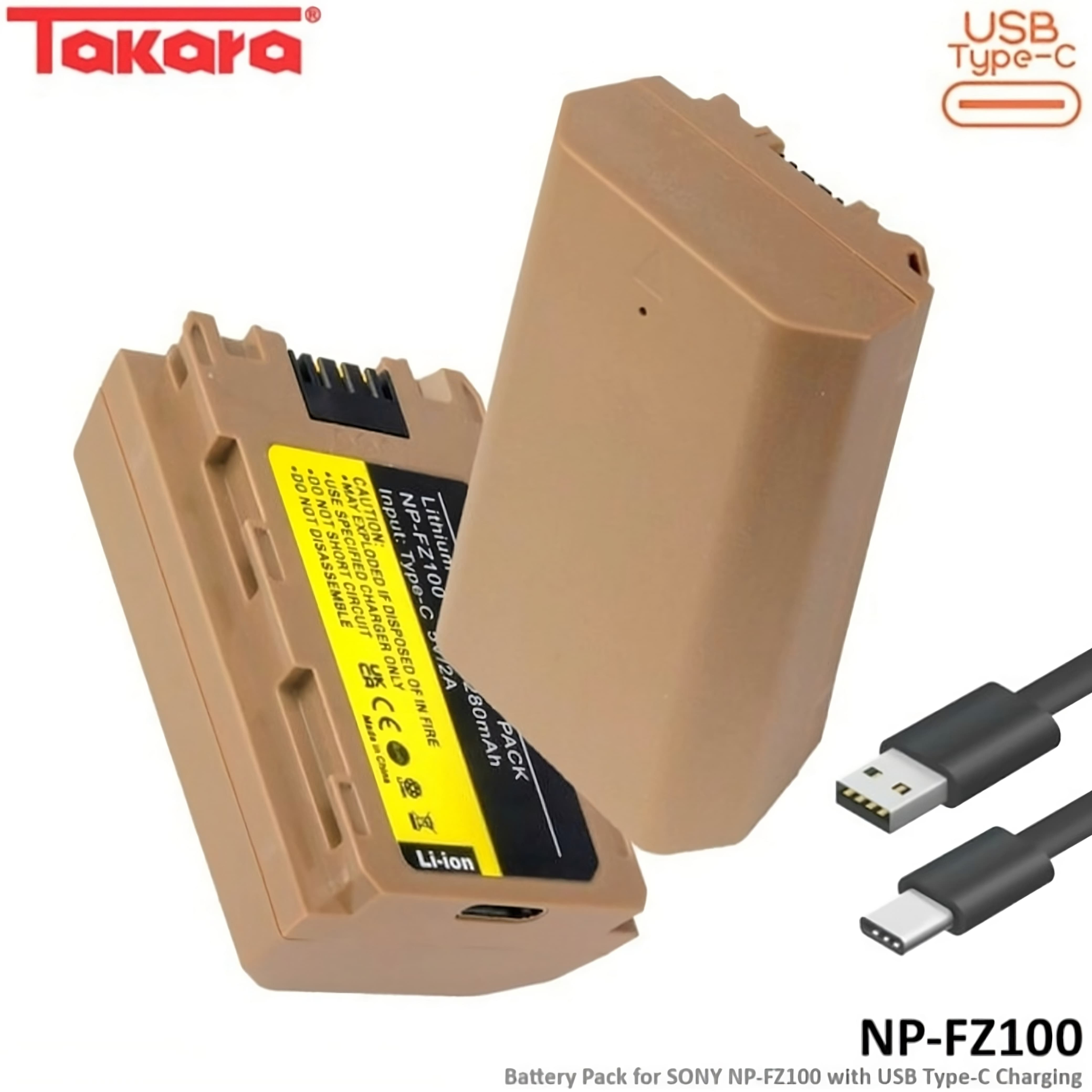 Takara NP-FZ100 Battery with USB Type-C for Sony Camera