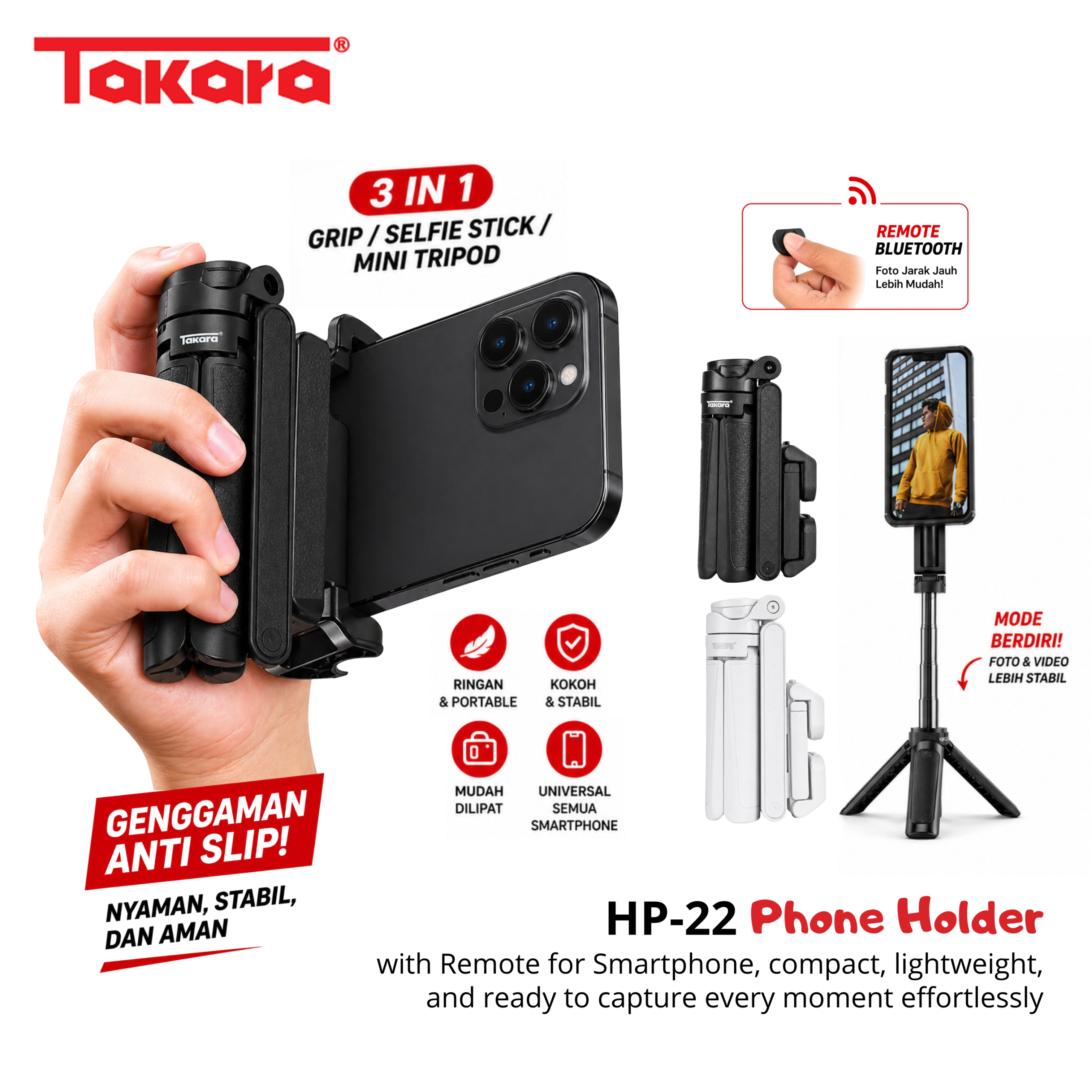 Takara HP-22 3 in 1 Extendable Grip Tripod Selfie Stick with Magsafe/Phone Holder for Smartphone