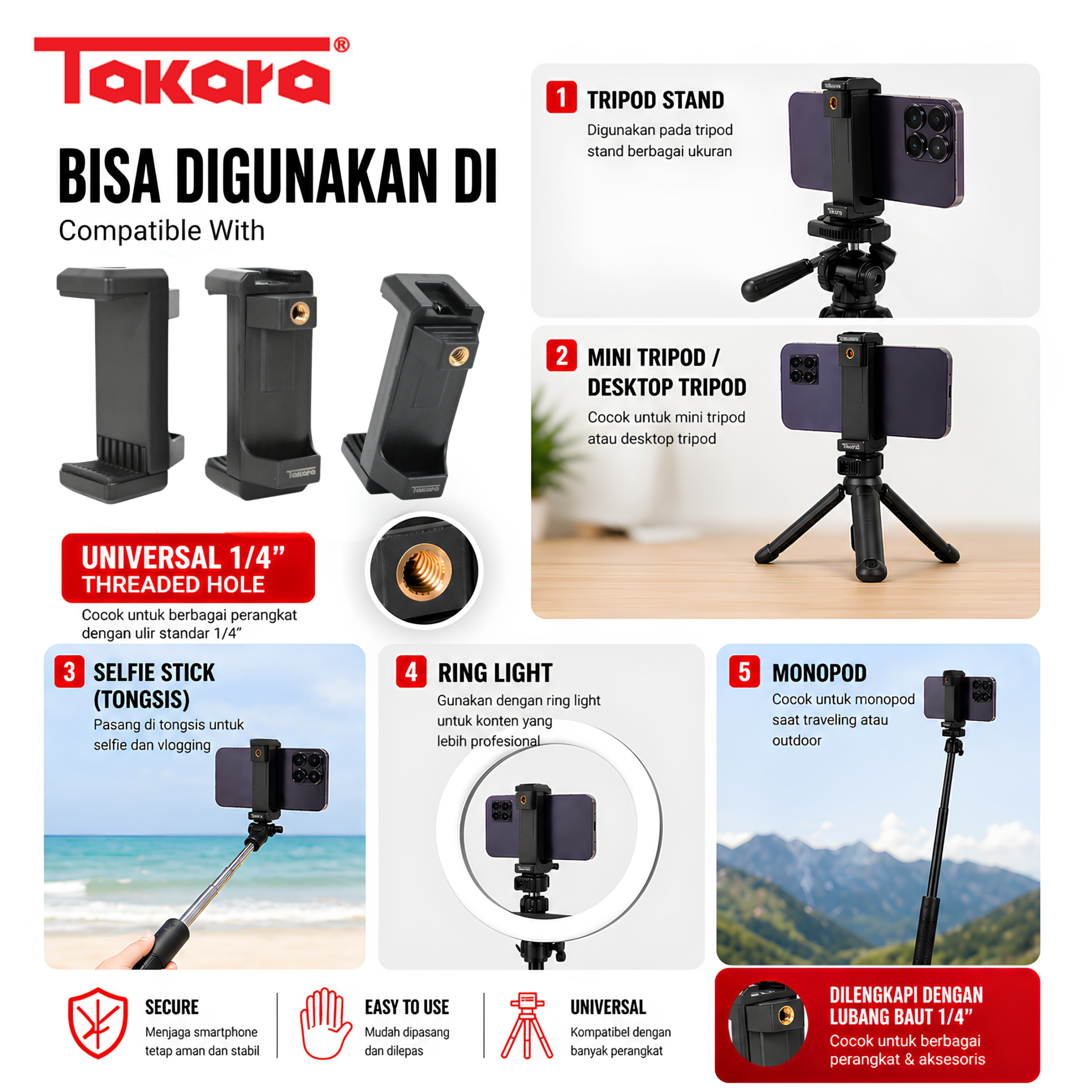 Takara PH-06 Back to Back Easy Use Phone Holder with Cold Shoe - Image 7