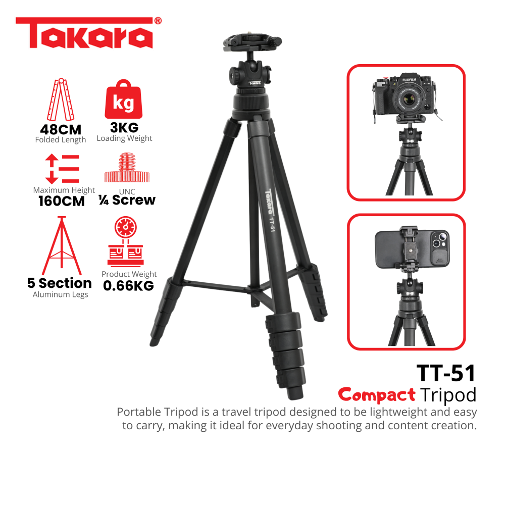 Takara TT-51 Tripod Traveller with Ball Head untuk Kamera & Smartphone Compact & Portable Traveler Lightweight Tripod