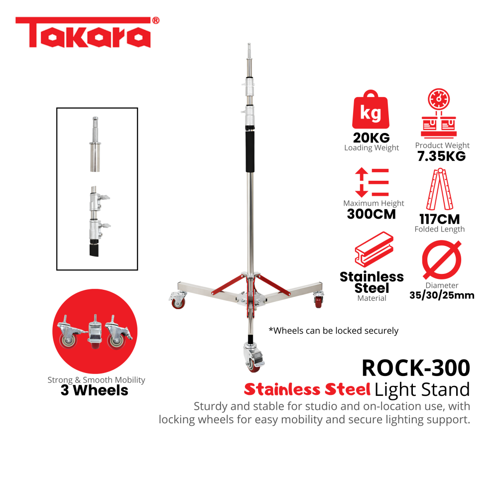 Takara ROCK-300 Light Stand Stainless Steel with 3 Wheels Strong & Smooth Mobility Sturdy & Stable Lightstand