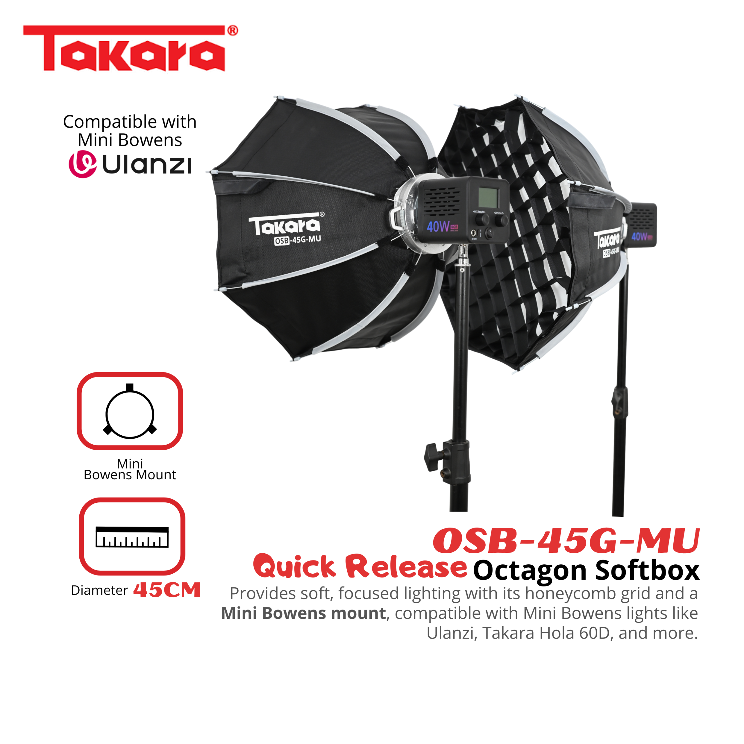 Takara OSB-45G-MU Octagon Softbox 45cm Mini Bowens Mount with Quick Release System Honeycomb Grid Lightweight & Foldable Soft Box