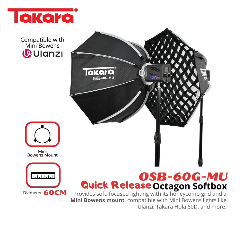 Takara OSB-60G-MU Octagon Softbox 60cm Mini Bowens Mount with Quick Release System Honeycomb Grid Lightweight & Foldable Soft Box