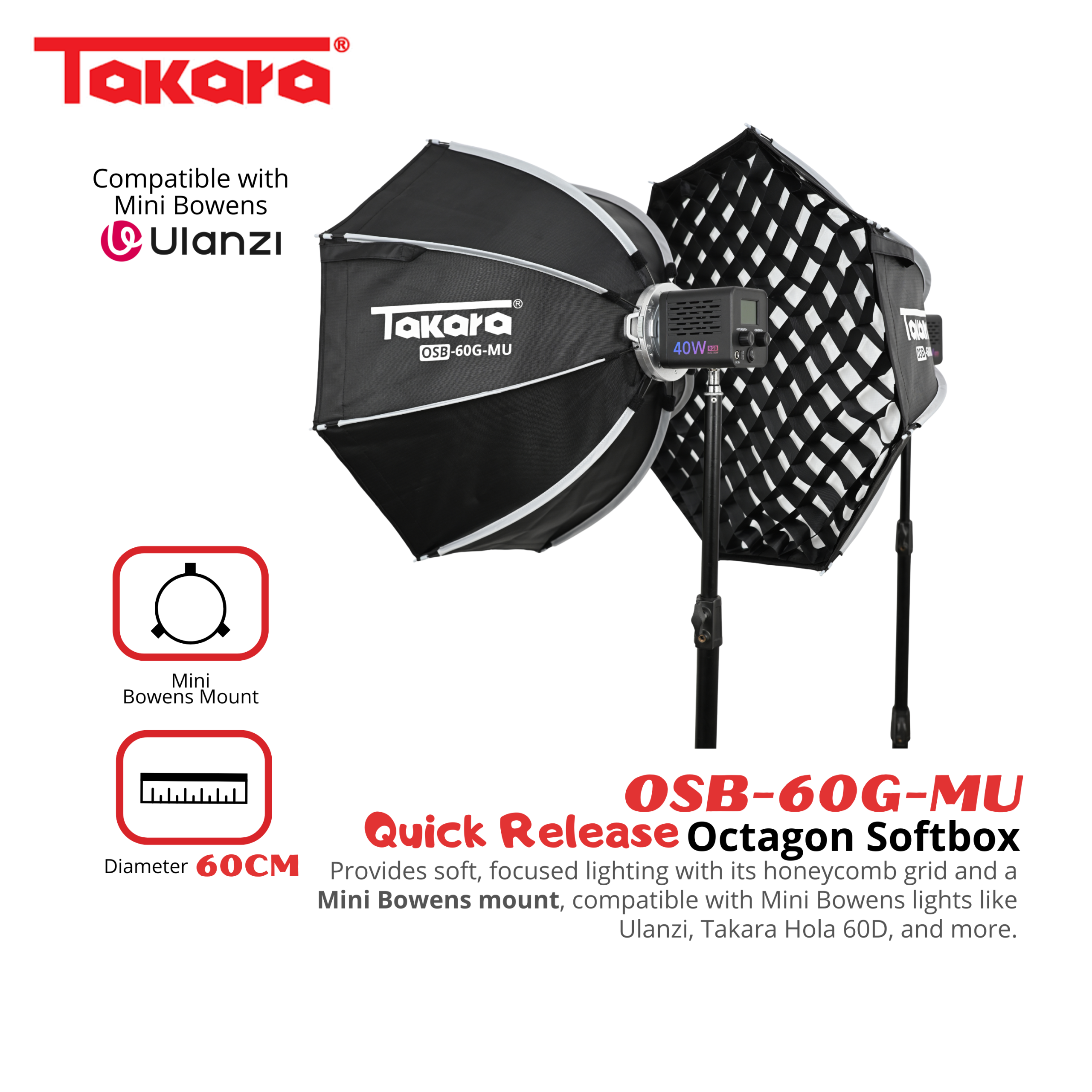 Takara OSB-60G-MU Octagon Softbox 60cm Mini Bowens Mount with Quick Release System Honeycomb Grid Lightweight & Foldable Soft Box