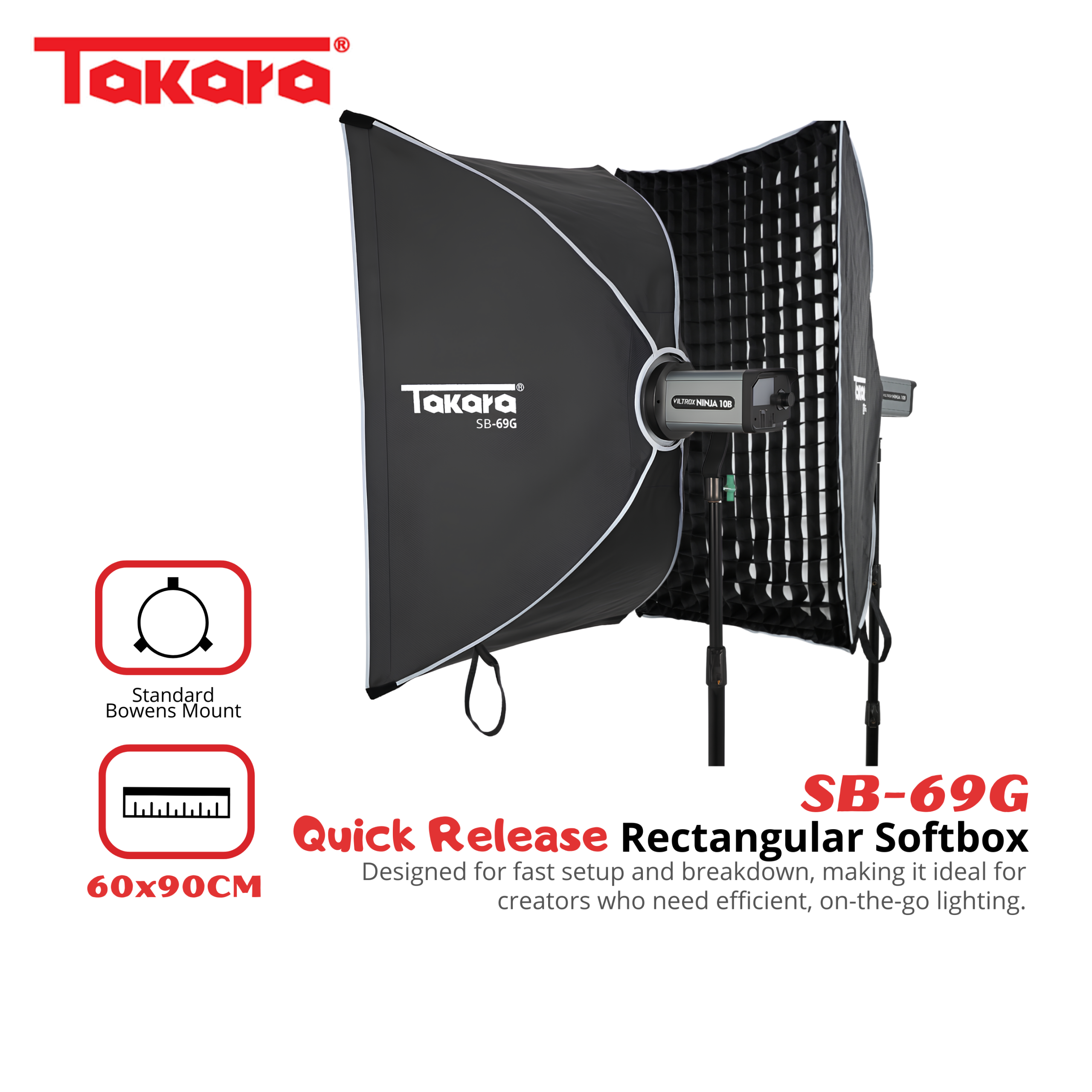 Takara SB-69G Rectangular Softbox 60x90cm with Quick Release System Honeycomb Grid Lightweight & Foldable Soft Box
