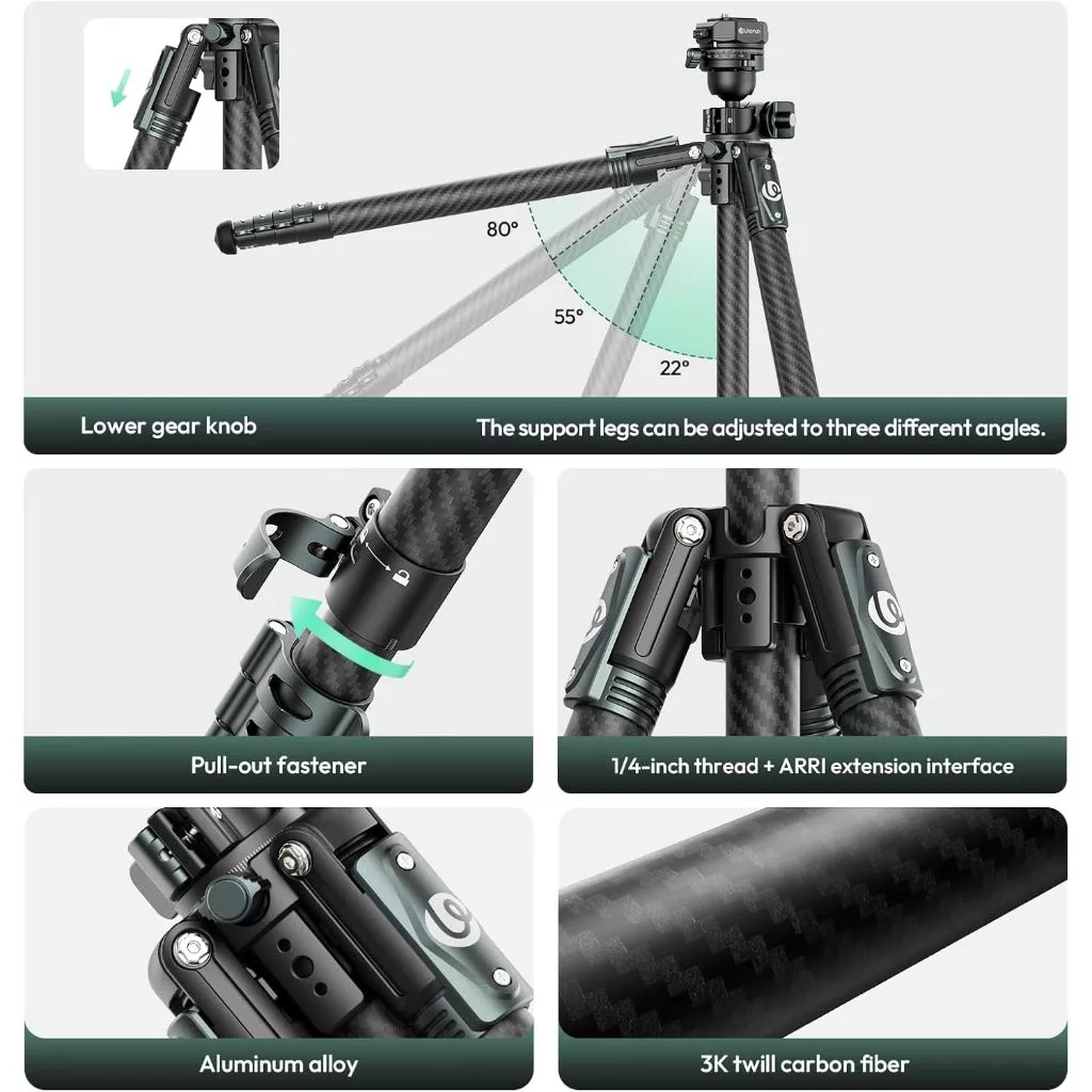 Ulanzi JJ05 GlideGO Universal Carbon Fiber Travel Tripod UKA Quick Release Head - Image 5