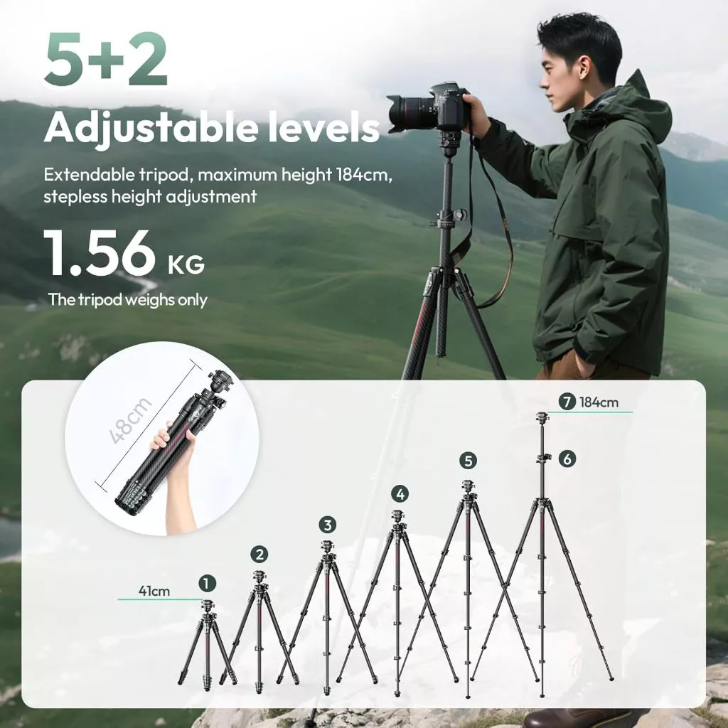 Ulanzi JJ05 GlideGO Universal Carbon Fiber Travel Tripod UKA Quick Release Head - Image 6