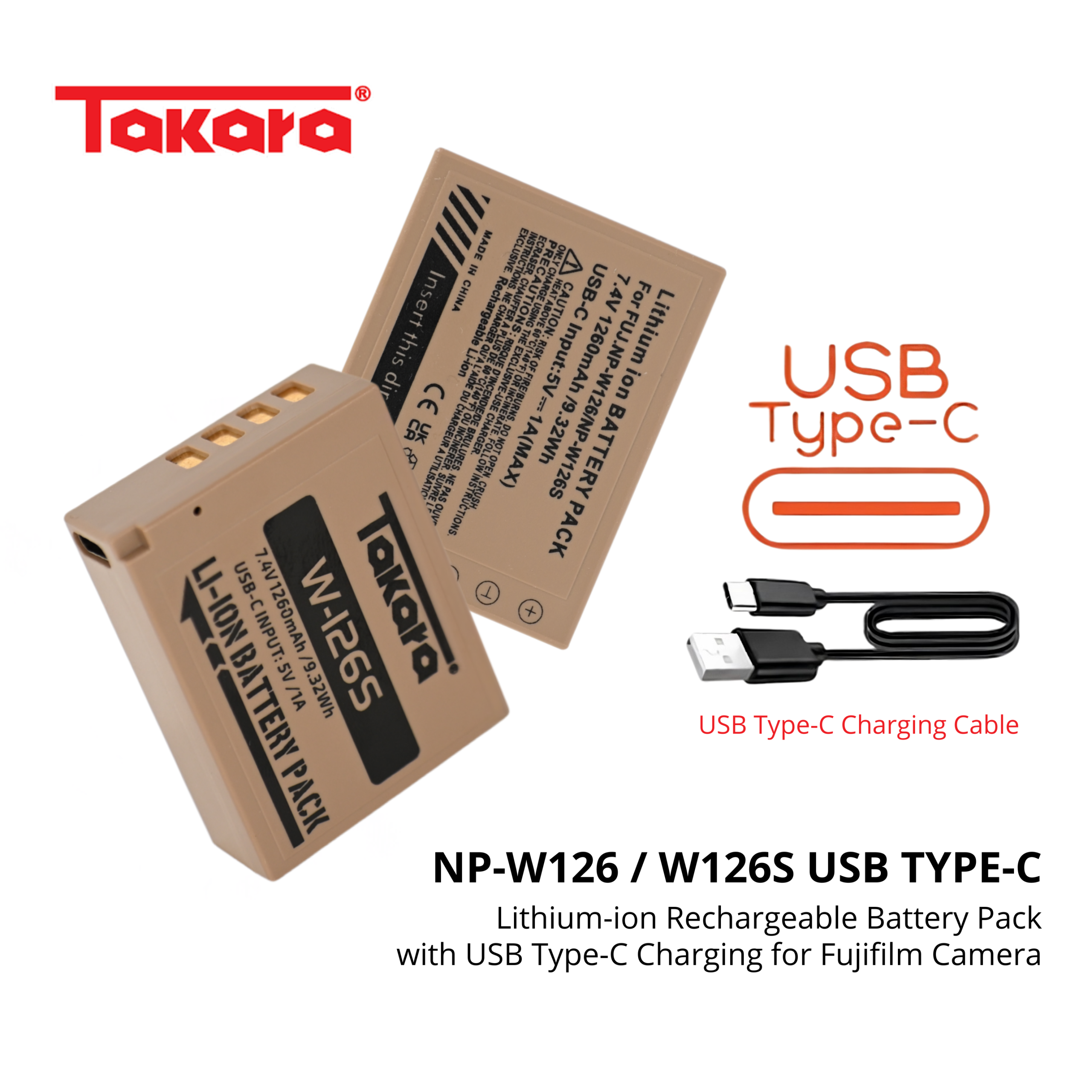 Takara NP-W126 / NP-W126S Battery Baterai Batere with USB Type-C Compatible for Fujifilm Camera