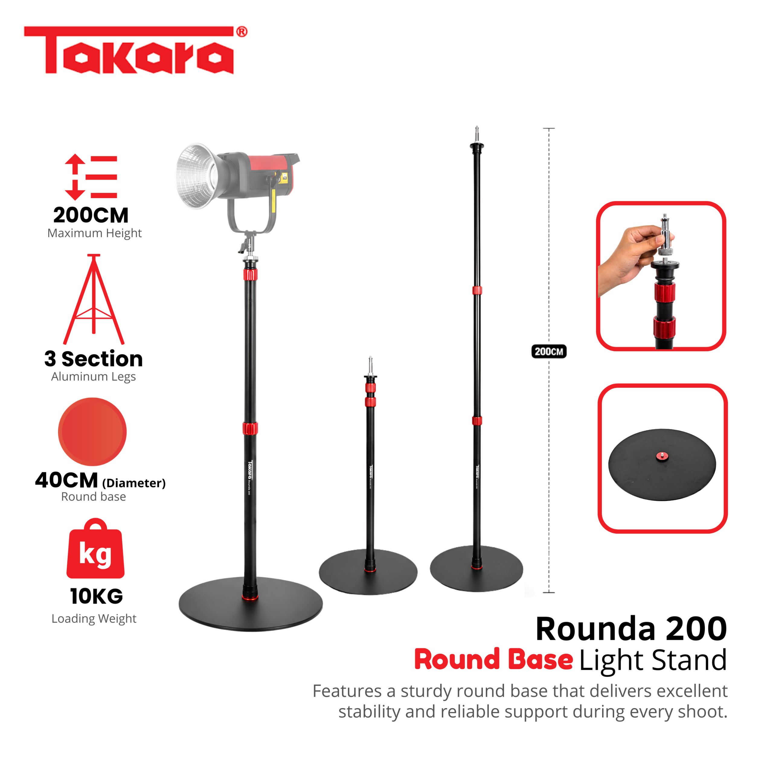 Takara LightStand ROUNDA-200 Round Base Light Stand Flexible & Stable for Any Setup